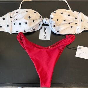 Skatie White Star Print Bandeau Top with Red Bikini Bottom